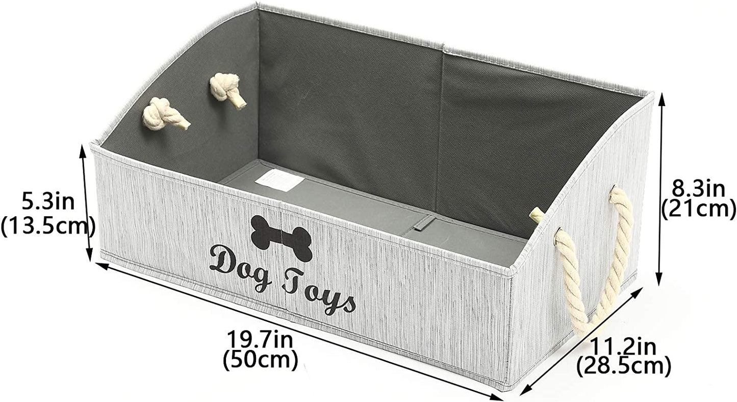 Large Dog Toy Storage Bins - Foldable Fabric Trapezoid Organizers with Woven Rope Handles, Collapsible Baskets for Shelving, Dog Apparel (Gray)