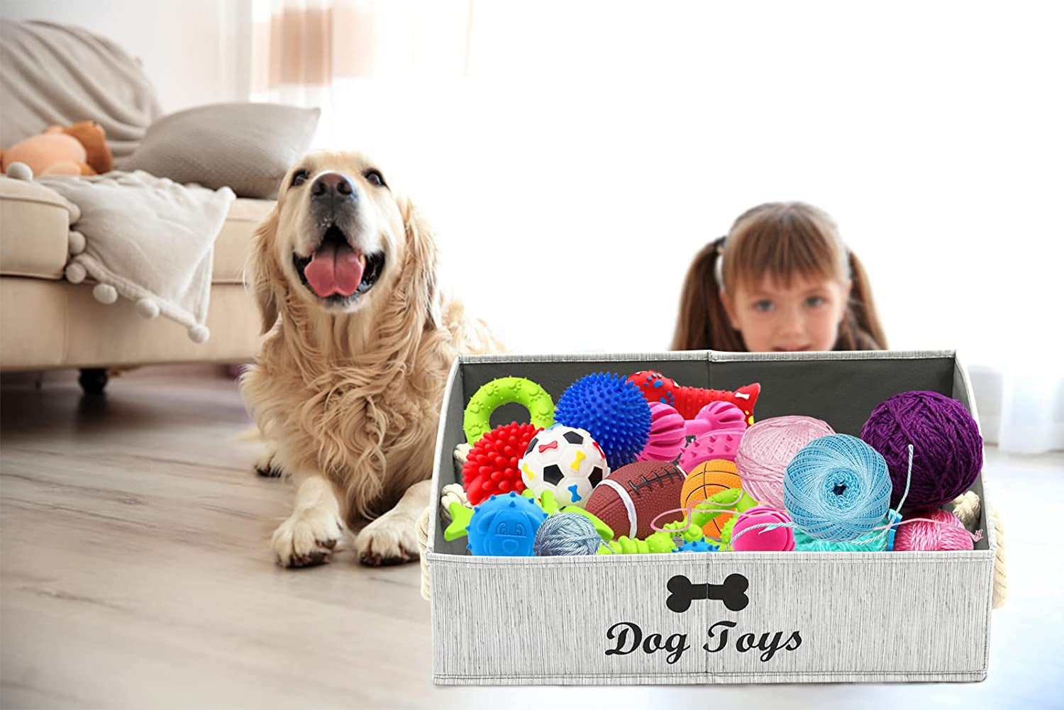 Large Dog Toy Storage Bins - Foldable Fabric Trapezoid Organizers with Woven Rope Handles, Collapsible Baskets for Shelving, Dog Apparel (Gray)