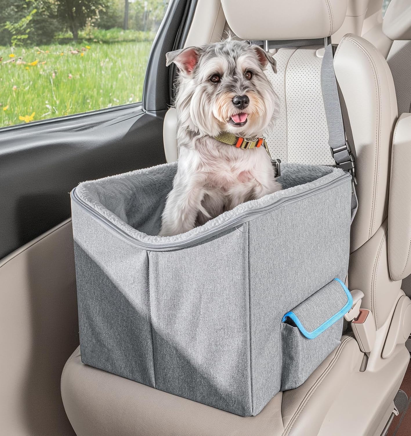 Elevated Dog Car Seat for Small Pets - Adjustable Booster Seat and Travel Carrier Bed with Straps