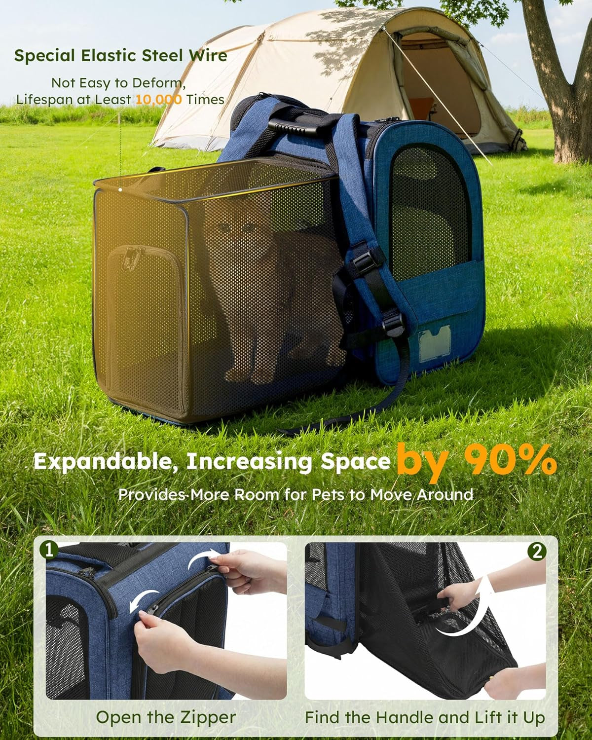 Expandable Cat Backpack Carrier for Small Dogs and Cats up to 11 lbs, Featuring 4-Sided Breathable Mesh, Multi-Entry Design, and Lockable Zippers for Travel, Hiking, and Camping - Hands-Free, Blue