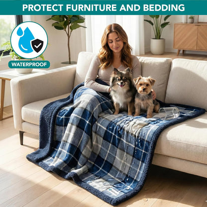 Reversible Waterproof Sherpa Fleece Dog Blanket - Furniture Protector for Couches and Beds, Soft Washable Cover for Small to Medium Pets, 29x40 Plaid Blue