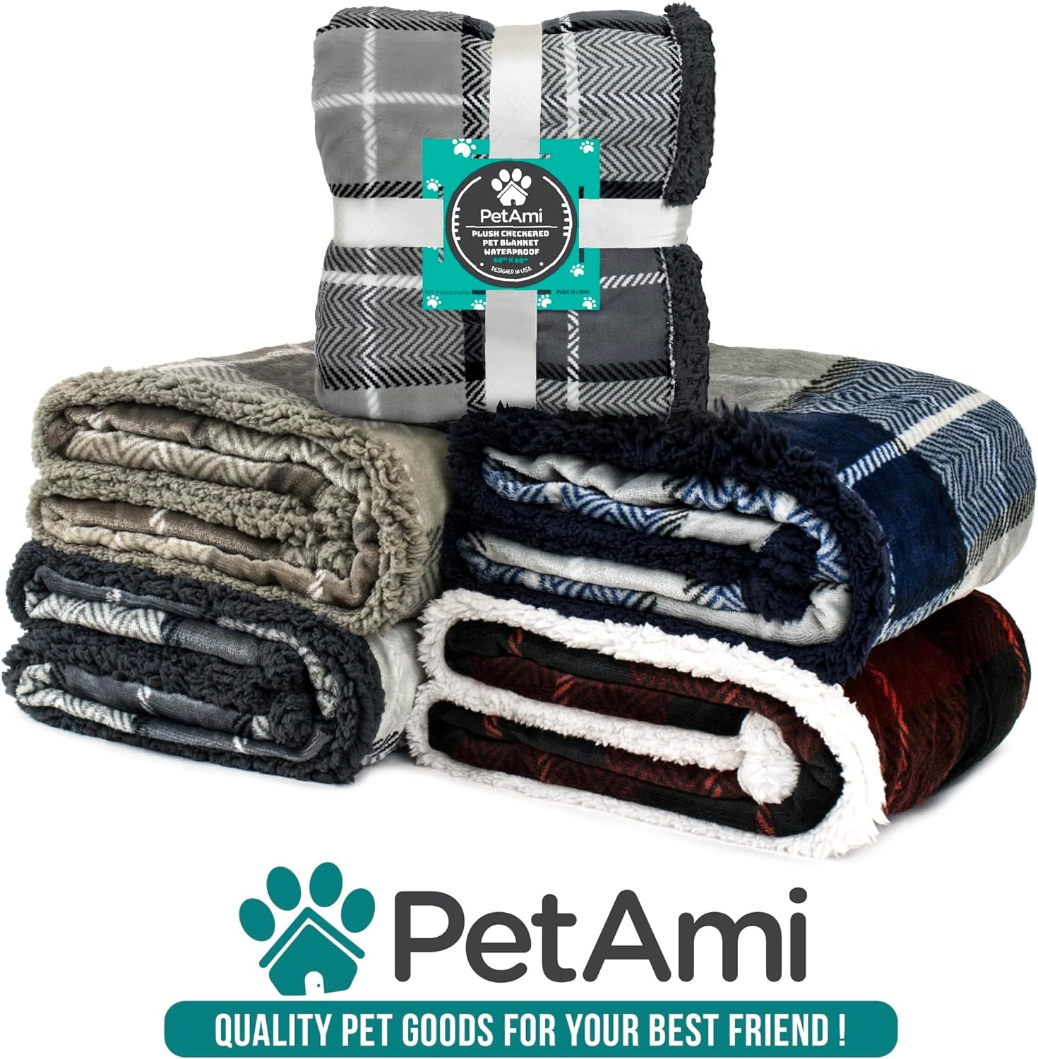Reversible Waterproof Sherpa Fleece Dog Blanket - Furniture Protector for Couches and Beds, Soft Washable Cover for Small to Medium Pets, 29x40 Plaid Blue