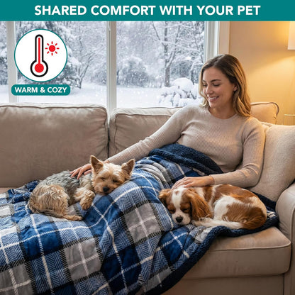 Reversible Waterproof Sherpa Fleece Dog Blanket - Furniture Protector for Couches and Beds, Soft Washable Cover for Small to Medium Pets, 29x40 Plaid Blue