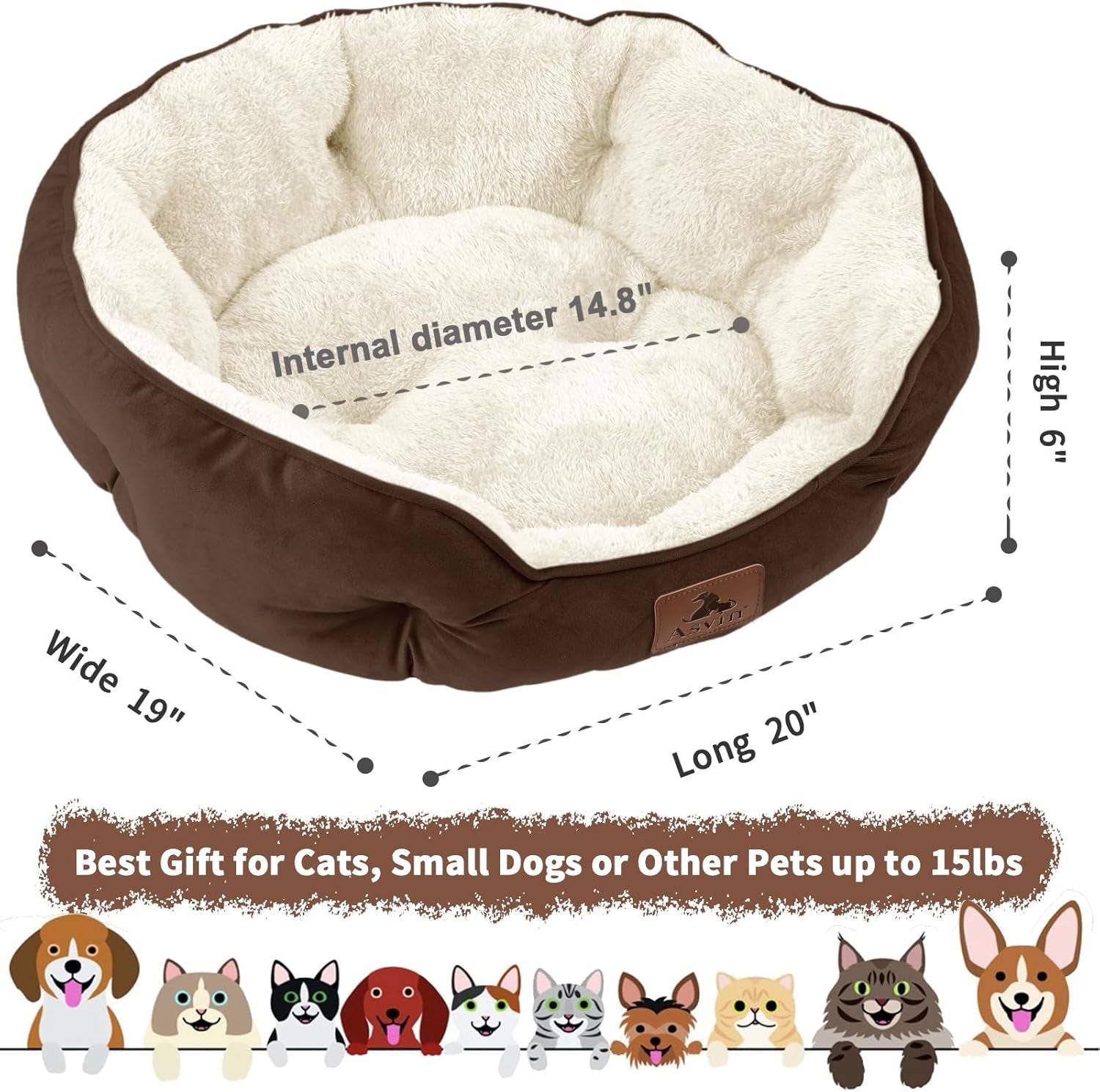 Premium 20-Inch Small Dog and Cat Bed, Extra Soft, Machine Washable, Anti-Slip and Water-Resistant Oxford Base, Brown