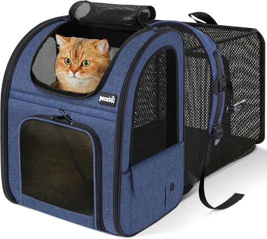Expandable Cat Backpack Carrier for Small Dogs and Cats up to 11 lbs, Featuring 4-Sided Breathable Mesh, Multi-Entry Design, and Lockable Zippers for Travel, Hiking, and Camping - Hands-Free, Blue