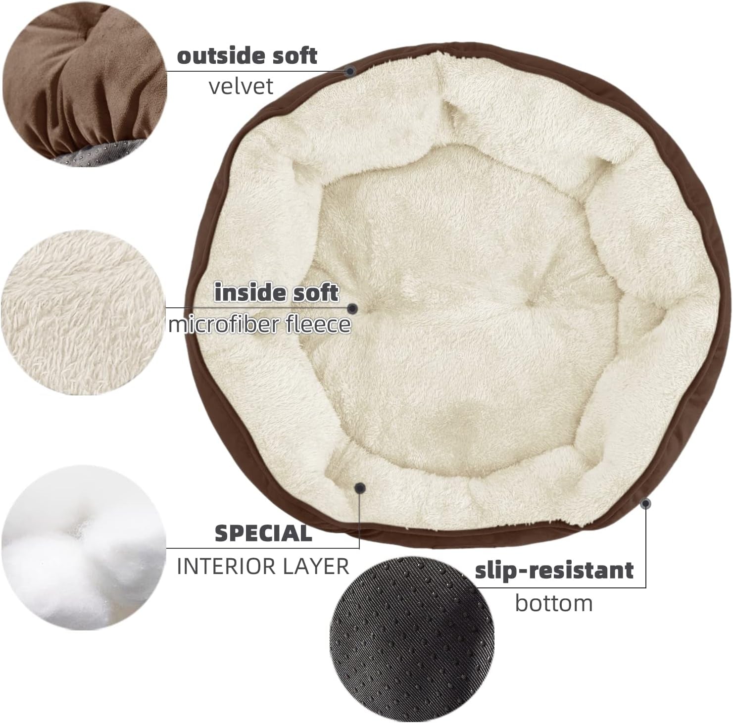 Premium 20-Inch Small Dog and Cat Bed, Extra Soft, Machine Washable, Anti-Slip and Water-Resistant Oxford Base, Brown