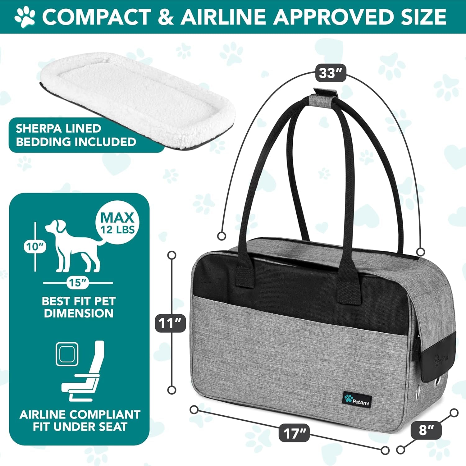 Soft-Sided Dog Purse Carrier for Small Dogs - Airline Approved, Ventilated Pet Bag with Pockets and Sherpa Bed, Max Weight 12 lbs, Gray