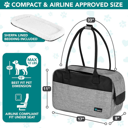 Soft-Sided Dog Purse Carrier for Small Dogs - Airline Approved, Ventilated Pet Bag with Pockets and Sherpa Bed, Max Weight 12 lbs, Gray