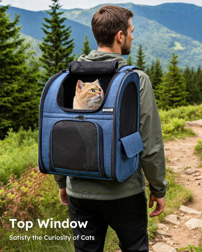 Expandable Cat Backpack Carrier for Small Dogs and Cats up to 11 lbs, Featuring 4-Sided Breathable Mesh, Multi-Entry Design, and Lockable Zippers for Travel, Hiking, and Camping - Hands-Free, Blue