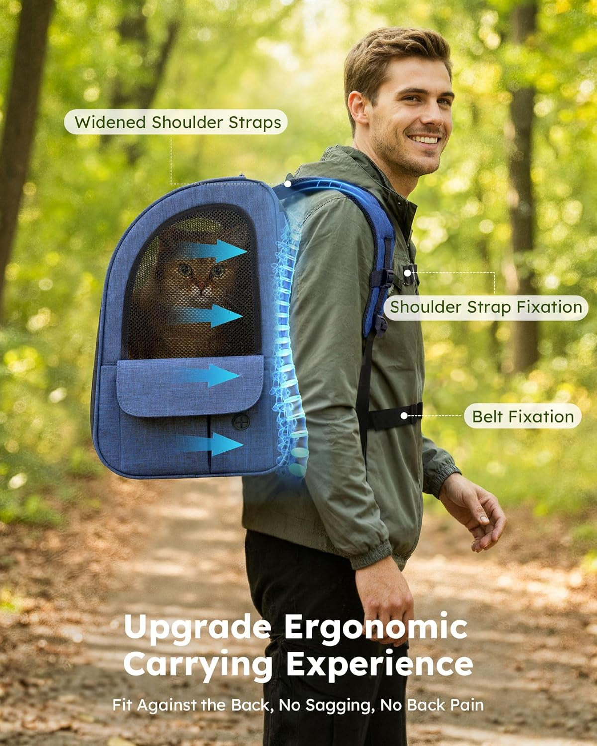 Expandable Cat Backpack Carrier for Small Dogs and Cats up to 11 lbs, Featuring 4-Sided Breathable Mesh, Multi-Entry Design, and Lockable Zippers for Travel, Hiking, and Camping - Hands-Free, Blue