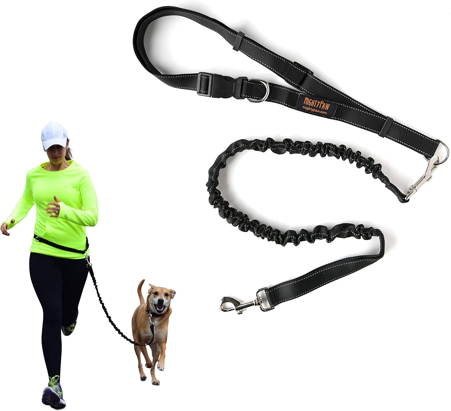 Hands-Free Bungee Dog Leash for Walking and Running - Adjustable Waist Belt (36" - 48") for Large, Medium & Small Breeds, Supports Up to 150 lbs - Black