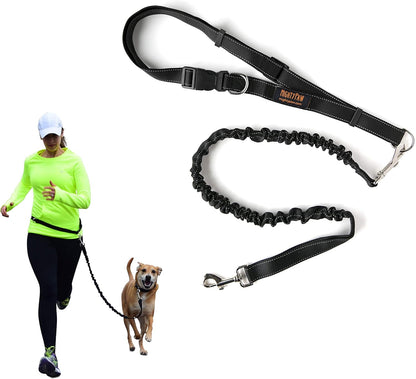 Hands-Free Bungee Dog Leash for Walking and Running - Adjustable Waist Belt (36" - 48") for Large, Medium & Small Breeds, Supports Up to 150 lbs - Black