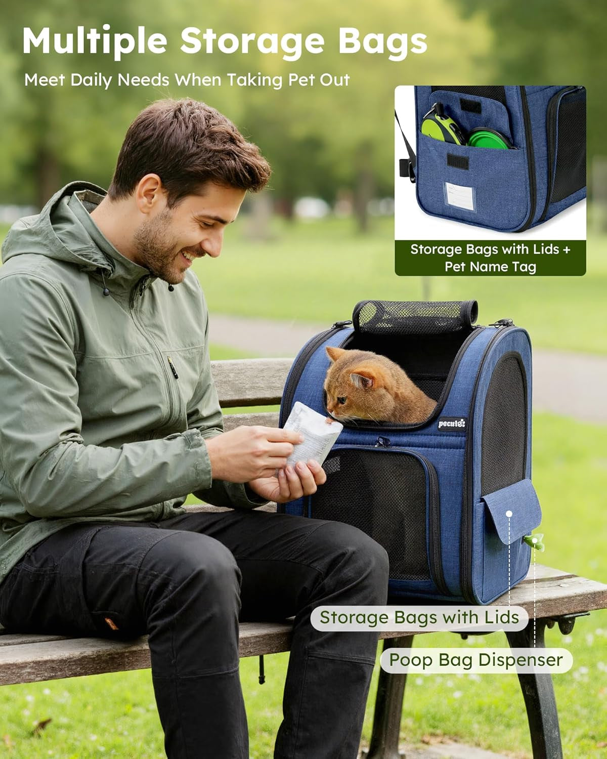 Expandable Cat Backpack Carrier for Small Dogs and Cats up to 11 lbs, Featuring 4-Sided Breathable Mesh, Multi-Entry Design, and Lockable Zippers for Travel, Hiking, and Camping - Hands-Free, Blue