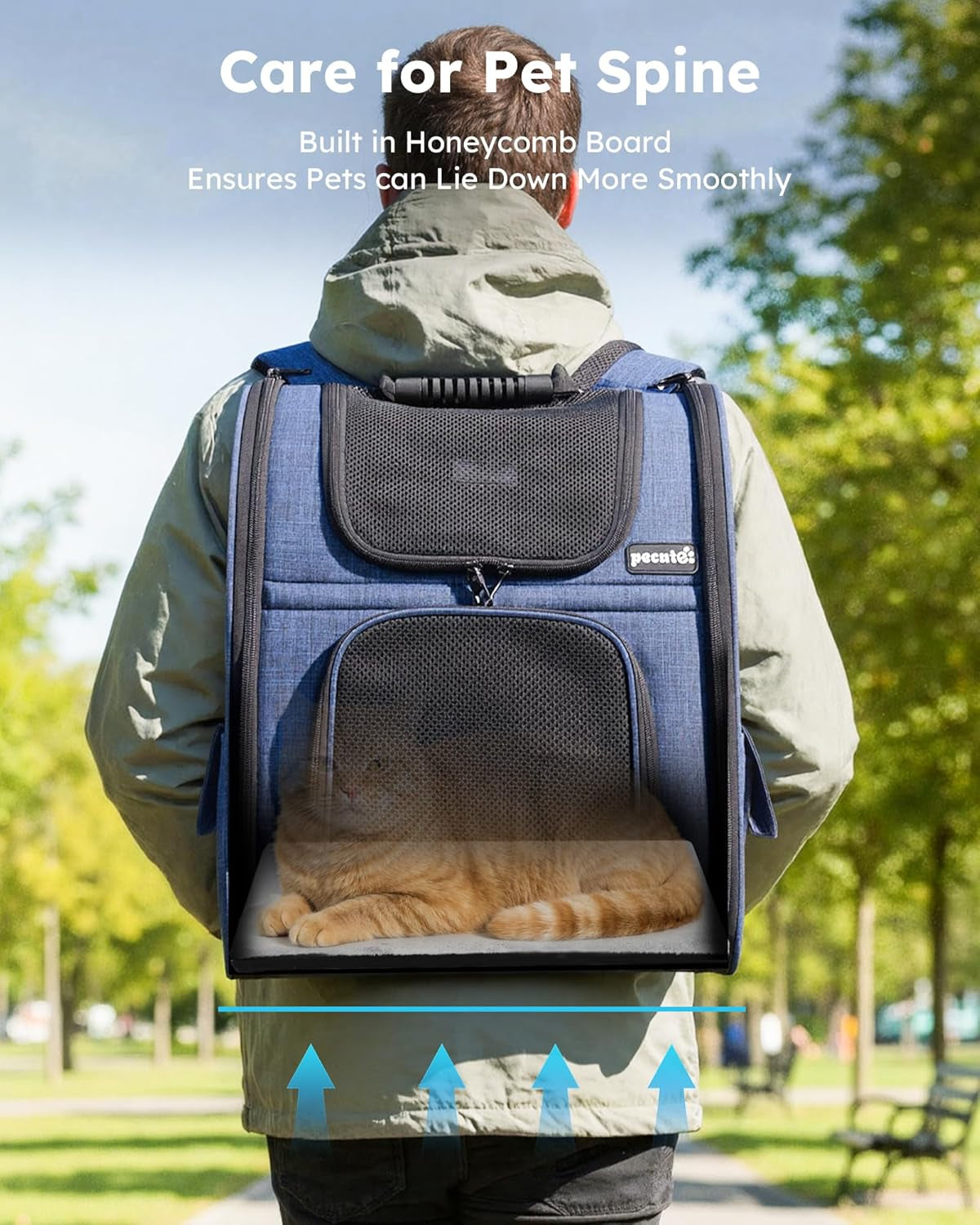 Expandable Cat Backpack Carrier for Small Dogs and Cats up to 11 lbs, Featuring 4-Sided Breathable Mesh, Multi-Entry Design, and Lockable Zippers for Travel, Hiking, and Camping - Hands-Free, Blue