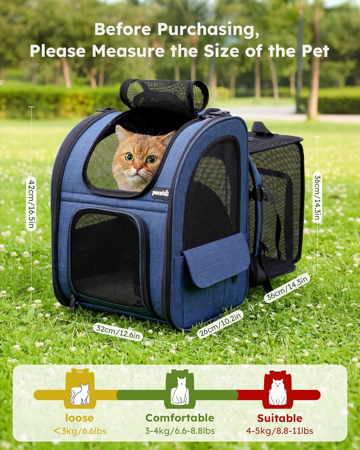 Expandable Cat Backpack Carrier for Small Dogs and Cats up to 11 lbs, Featuring 4-Sided Breathable Mesh, Multi-Entry Design, and Lockable Zippers for Travel, Hiking, and Camping - Hands-Free, Blue