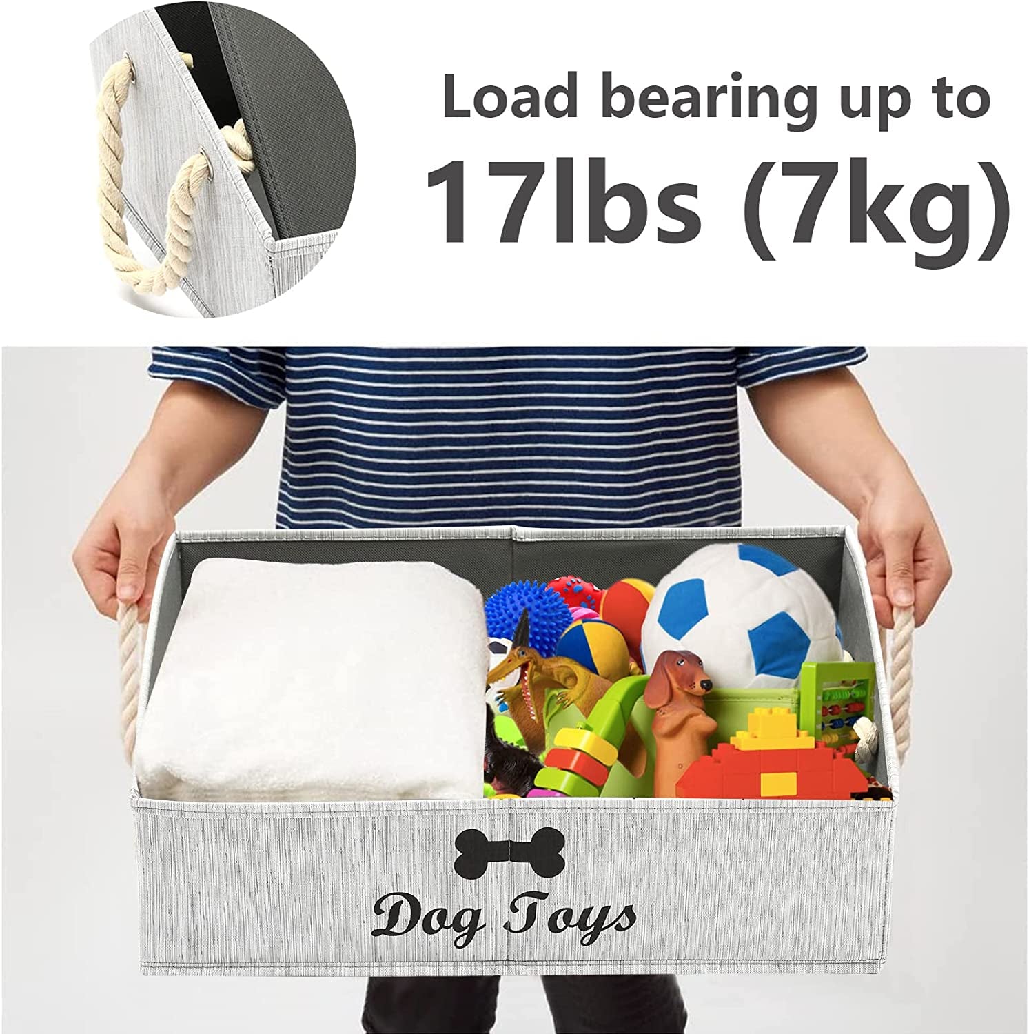 Large Dog Toy Storage Bins - Foldable Fabric Trapezoid Organizers with Woven Rope Handles, Collapsible Baskets for Shelving, Dog Apparel (Gray)