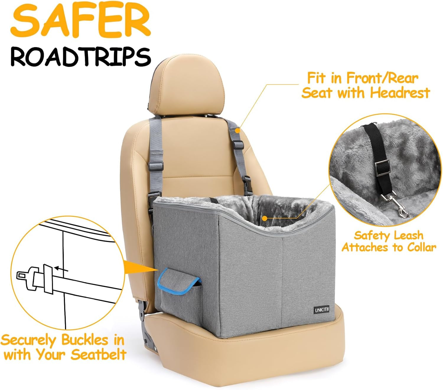 Elevated Dog Car Seat for Small Pets - Adjustable Booster Seat and Travel Carrier Bed with Straps