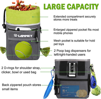 Dog Treat Pouch with Versatile Carrying Options - Includes Clicker, Shoulder Strap, Adjustable Belt, Poop Bag Dispenser, and Convenient Storage for Kibble and Pet Toys