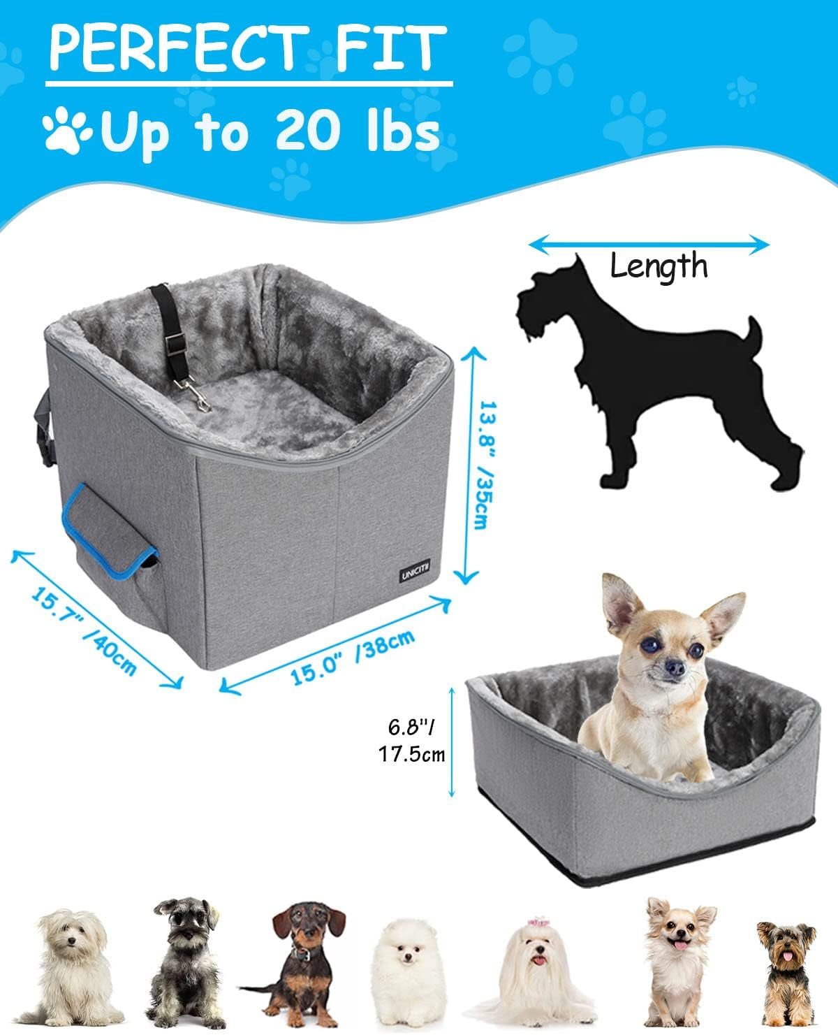 Elevated Dog Car Seat for Small Pets - Adjustable Booster Seat and Travel Carrier Bed with Straps