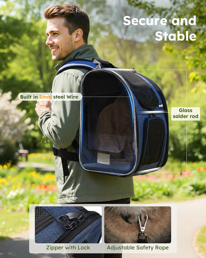 Expandable Cat Backpack Carrier for Small Dogs and Cats up to 11 lbs, Featuring 4-Sided Breathable Mesh, Multi-Entry Design, and Lockable Zippers for Travel, Hiking, and Camping - Hands-Free, Blue