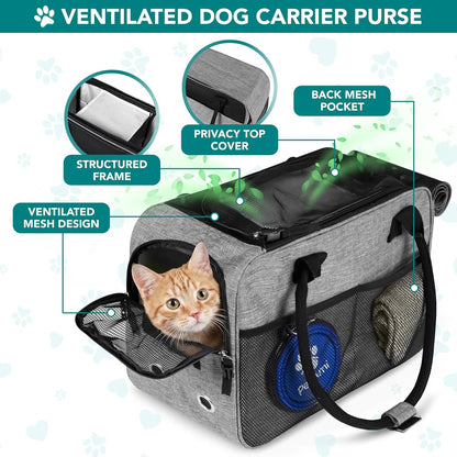 Soft-Sided Dog Purse Carrier for Small Dogs - Airline Approved, Ventilated Pet Bag with Pockets and Sherpa Bed, Max Weight 12 lbs, Gray