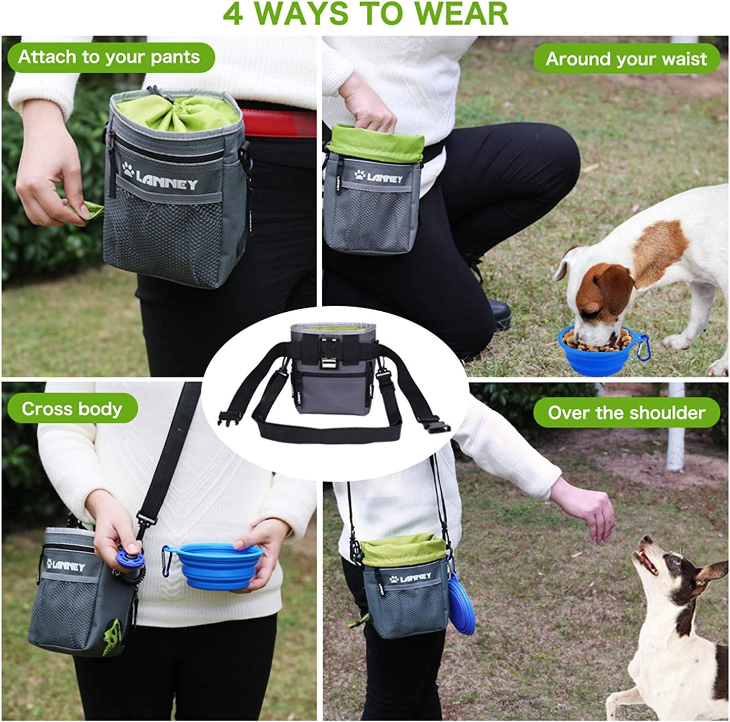 Dog Treat Pouch with Versatile Carrying Options - Includes Clicker, Shoulder Strap, Adjustable Belt, Poop Bag Dispenser, and Convenient Storage for Kibble and Pet Toys