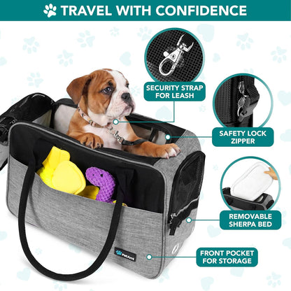 Soft-Sided Dog Purse Carrier for Small Dogs - Airline Approved, Ventilated Pet Bag with Pockets and Sherpa Bed, Max Weight 12 lbs, Gray