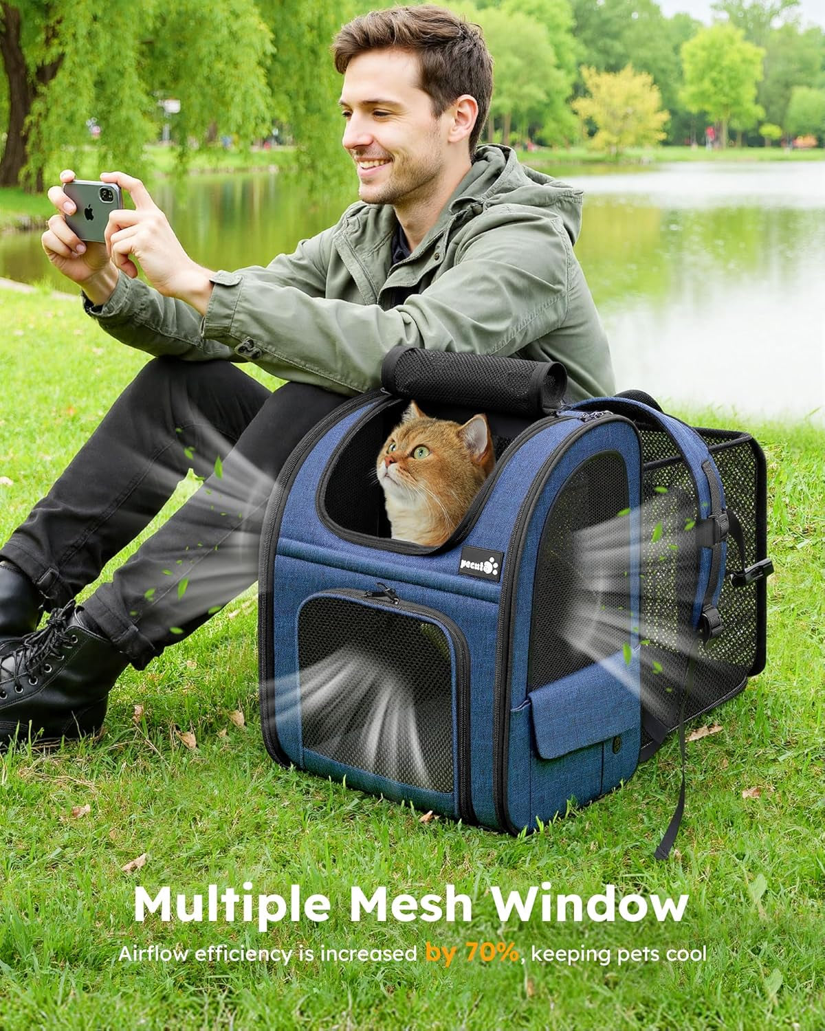 Expandable Cat Backpack Carrier for Small Dogs and Cats up to 11 lbs, Featuring 4-Sided Breathable Mesh, Multi-Entry Design, and Lockable Zippers for Travel, Hiking, and Camping - Hands-Free, Blue