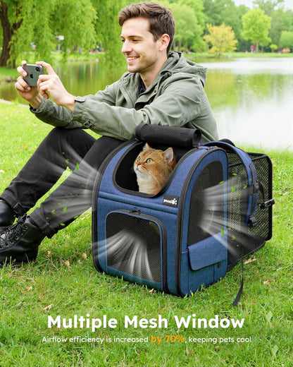Expandable Cat Backpack Carrier for Small Dogs and Cats up to 11 lbs, Featuring 4-Sided Breathable Mesh, Multi-Entry Design, and Lockable Zippers for Travel, Hiking, and Camping - Hands-Free, Blue