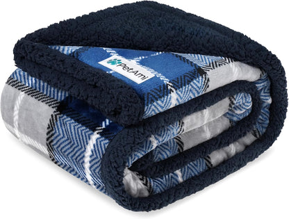 Reversible Waterproof Sherpa Fleece Dog Blanket - Furniture Protector for Couches and Beds, Soft Washable Cover for Small to Medium Pets, 29x40 Plaid Blue