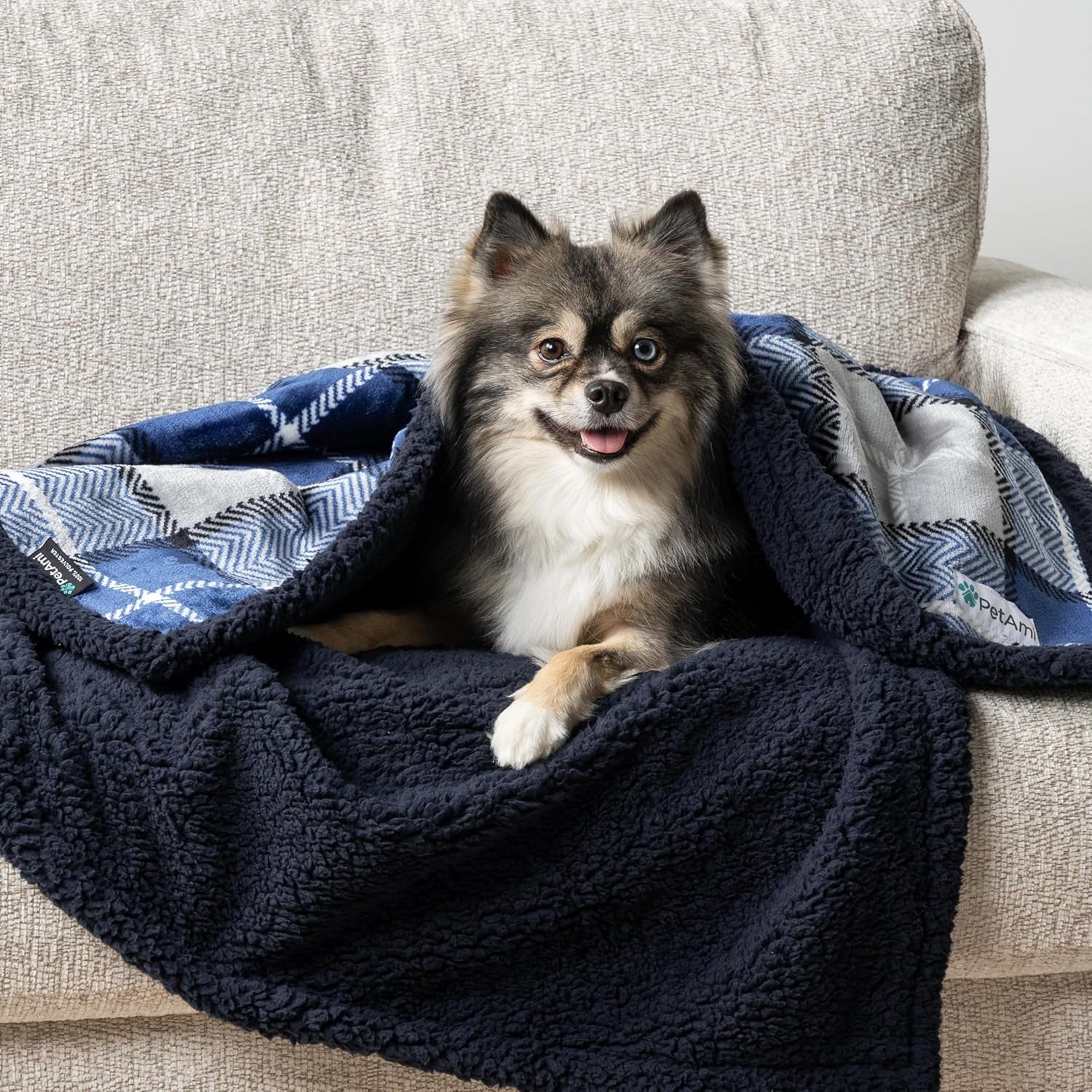 Reversible Waterproof Sherpa Fleece Dog Blanket - Furniture Protector for Couches and Beds, Soft Washable Cover for Small to Medium Pets, 29x40 Plaid Blue