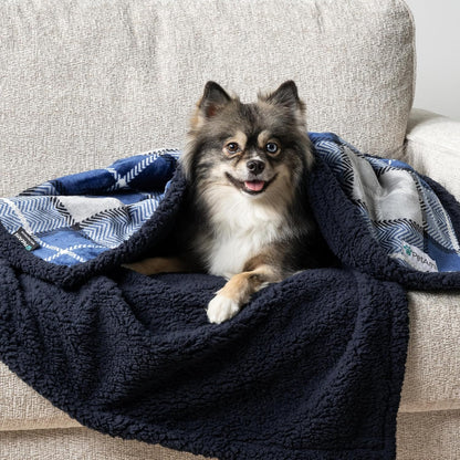 Reversible Waterproof Sherpa Fleece Dog Blanket - Furniture Protector for Couches and Beds, Soft Washable Cover for Small to Medium Pets, 29x40 Plaid Blue